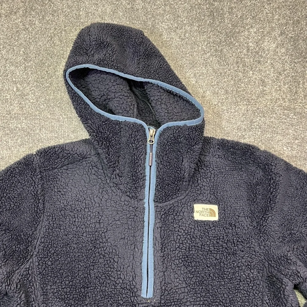 The North Face Campshire Jacket Mens Small Blue Sherpa Fleece Hooded 1/4 Zip